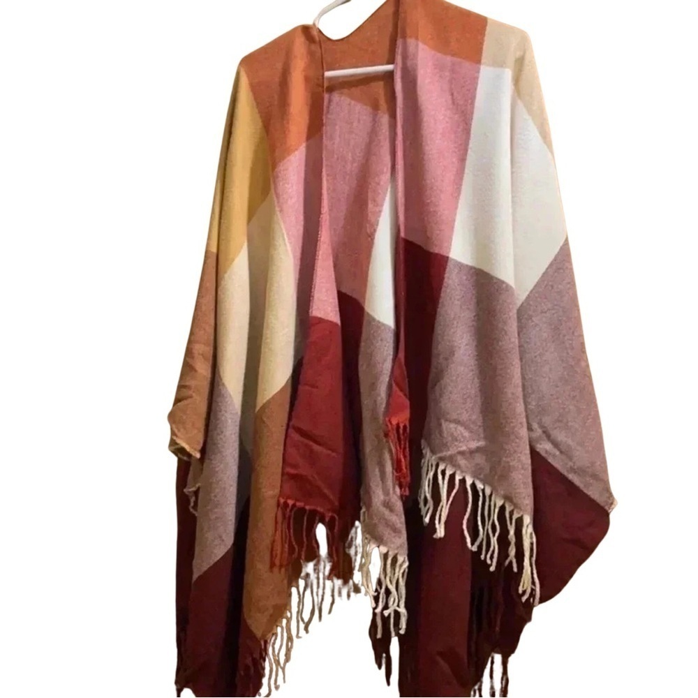 Red, Pink, Orange, Yellow and Tan Square Design Fringe Bottom Poncho Size OS